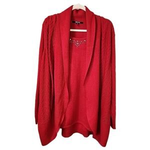 Briggs Red Metallic Open Front Cardigan Sweater Shirt With Necklace Size 3X